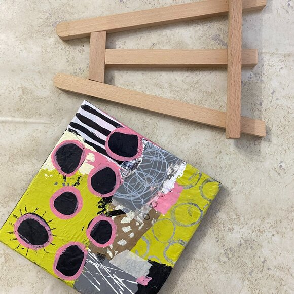 Mini Canvas 8x8 Original Acrylic Art with easel Abstract and collage handmade - Picture 4 of 5